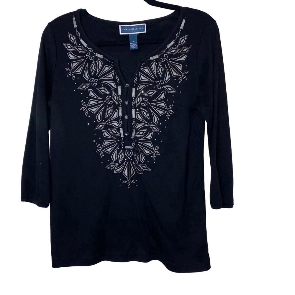 Women's Karen Scott Black & Silver Embroidered 3/4 sleeve Top Size M
